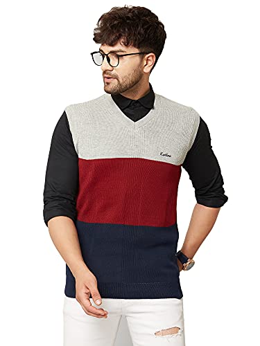 Kvetoo V Neck Sleeveless Winter Wool Sweater For Men Navy Maroon Size Xl