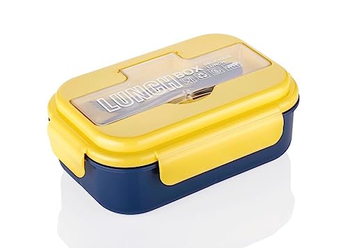 Attro Magic Lunch Box Comes With 3 Compartment,2 Spoons & Stylish Lid Use As Phone Holder Made With Heavy Platic Material Bpa Free Perfect For School,Office,Outdoor-Yellow Blue