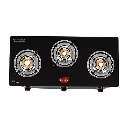 Pigeon By Stovekraft Aster 3 Burner Gas Stove With High Powered Brass Burner Gas Cooktop, Cooktop With Glass Top And Powder Coated Body, Black, Manual Ignition, Standard (14267)