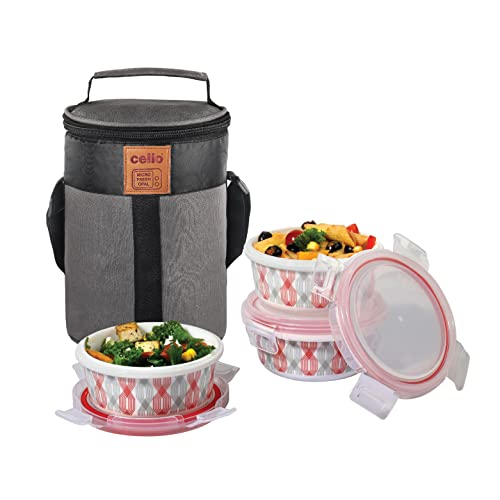 Cello Red Trellis Opalware Lunch Box With Jacket, 3 Containers Lunch Box, 300Ml