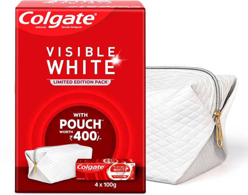 Colgate Visible White Toothpaste (100G X 4Pcs) With Premium Travel Pouch Toothpaste(400 G)