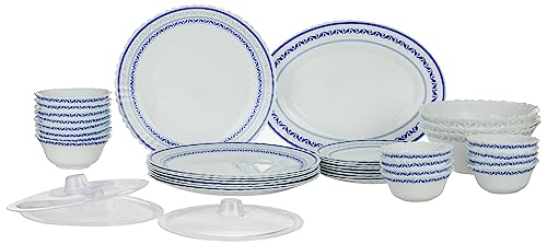 Larah By Borosil Fluted Jazzblue Dinner Set 36 Pieces, Opal Glass Dinner Plates & Bowls Crockery Set For Dinning, White