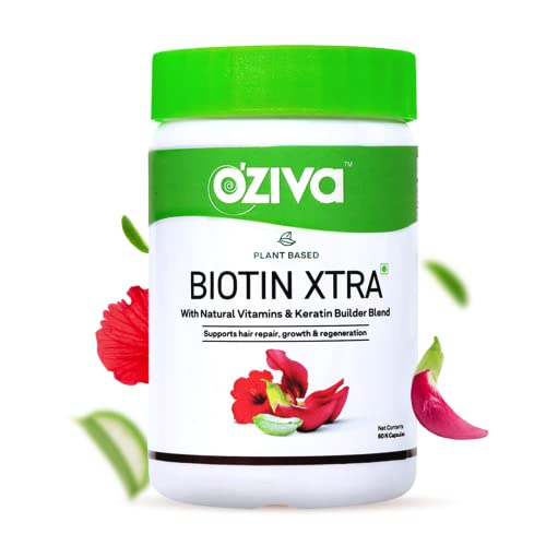 Oziva Biotin Xtra For Hair Growth, Regeneration & Repair | 7000Mcg+ Biotin Capsules With Keratin Builder, Sesbania Agati, Aloe Vera & Potassium | 60 Capsules
