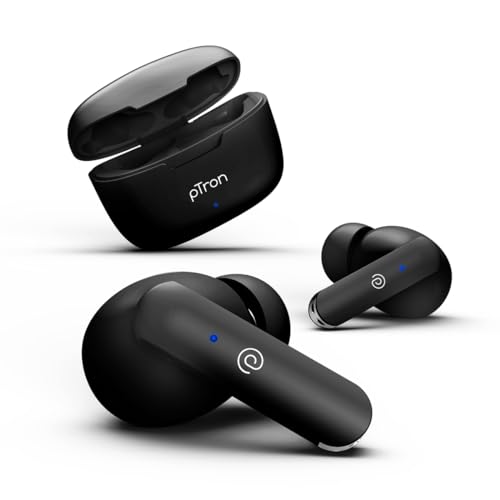 Ptron Bassbuds Duo In Ear Earbuds With 32Hrs Total Playtime, Bluetooth 5.1 Wireless Headphones, Stereo Audio, Touch Control Tws, With Mic, Type-C Fast Charging, Ipx4 & Voice Assistance (Black)
