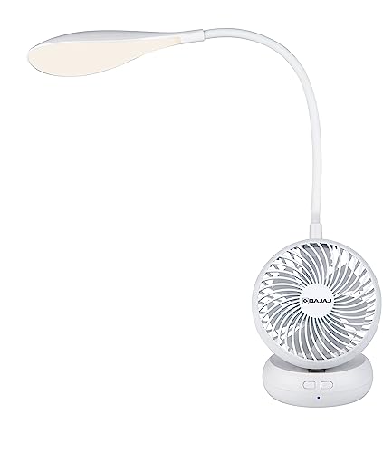 Bajaj Airlight 85 Mm Personal Rechargeable Fan With Task Lighting |8 W Table Fan| 360-Degree Table Lamp| 3-6 Hours* Battery Backup| Silent Operation| Usb Charging Fan| 1-Yr Warranty White