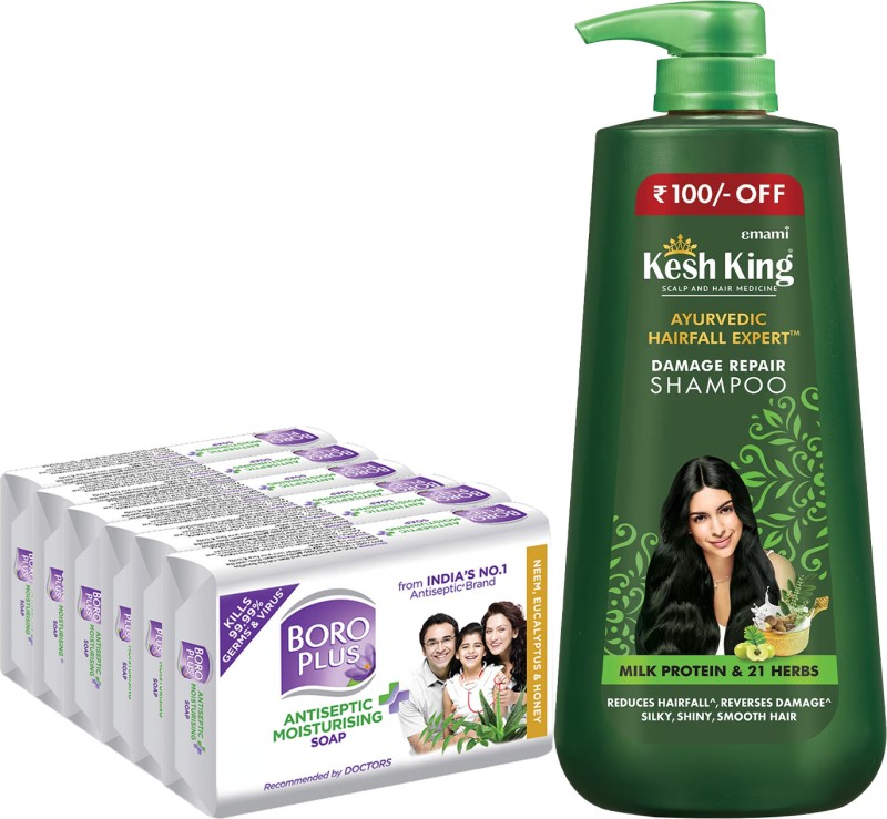 Kesh King Damage Repair Shampoo 600Ml + Boroplus Moisturising Soap – Neh 125G Po6(1350 Ml)