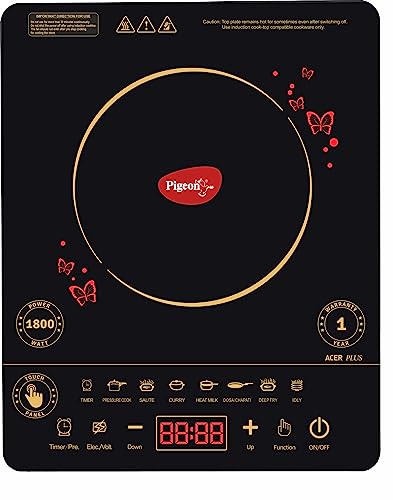 Pigeon By Stovekraft 14429 Acer Plus 1800 Watt Induction Cooktop With Feather Touch Control, Induction Stove Comes With 8 Preset Menus And Auto-Shut Off Features (Black)