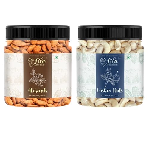 Lila Dry Fruits 100% Natural Premium Dried, Nutritious & Delicious Cashew & California Almonds Jar Pack 500Gms Each(1000Gms Total) | Premium Badam Giri & Kaju | High In Fiber & Boost Immunity