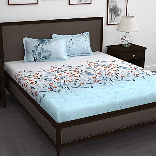 Story@Home Forever Collection 210 Tc Bedsheet King Size Bed Cotton With Two Pillow Covers, White And Blue