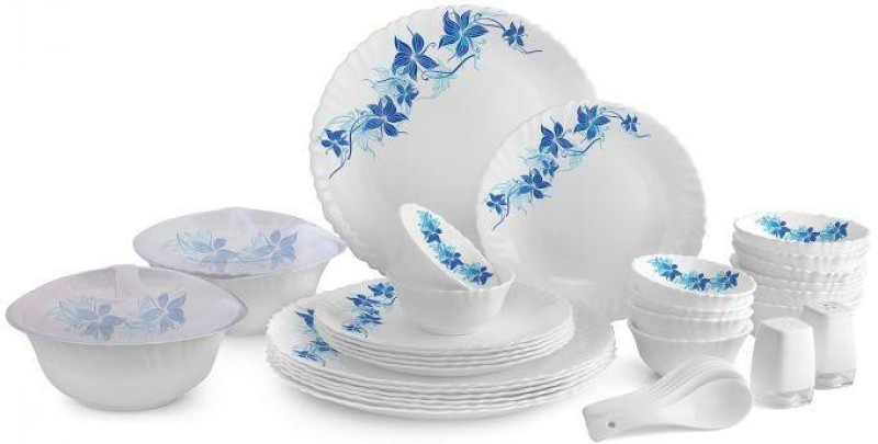 Cello Pack Of 37 Opalware Dazzle Blue Swirl 37 Pcs Dinner Set/Scratch Resistant/ Light Weight/ Smooth Surface Dinner Set(White, Blue, Microwave Safe)
