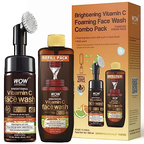 Wow Skin Science Brightening Vitamin C Foaming Face Wash Combo Pack | Refill Pack | All Skin Types | Built In Brush | Glowing, Bright Skin | Paraben & Sulphates Free | 350 Ml