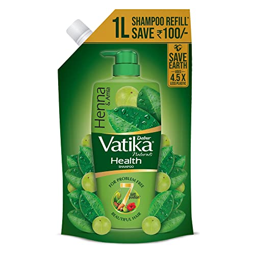 Dabur Vatika Health Shampoo – 1L (Refill Pouch) | With 7 Natural Ingredients | For Smooth, Shiny & Nourished Hair | Repairs Hair Damage, Controls Frizz | For All Hair Types | Goodness Of Henna & Amla