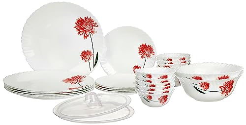 Larah By Borosil Fluted Belle Dinner Set 28 Pieces, Opal Glass Dinner Plates & Bowls Crockery Set For Dinning, White