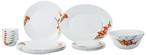Larah By Borosil Fluted Red Iris Dinner Set 21 Pieces, Opal Glass Dinner Plates & Bowls Crockery Set For Dinning, White
