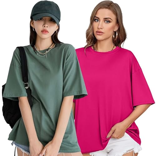 London Hills Women’S Casual Round Neck Solid, Oversized Longline Drop Shoulder T-Shirt Green_ Magenta