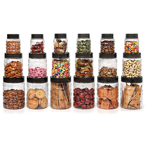 Cello Checkers Pet Plastic Airtight Canister Set | Food Grade And Bpa Free Canisters | Durable & Shatterproof Body |Air Tight Seal & Stackable | Free From Any Kind Of Odor | Transparent | 300Ml X 6, 650Ml X 6, 1200 X 6, Set Of 18