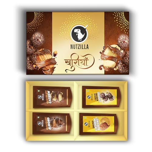 Nutzilla By Bevzilla Diwali Gift Box & Hamper | 4 X 40 Grams Pack| Chocolate Almonds, Chocolate Cashew,Chocolate Almond Laddoo & Salted Almond & Cashews |Festive Gifting | Premium Gift Box | Gift Box |Corporate Gift Box