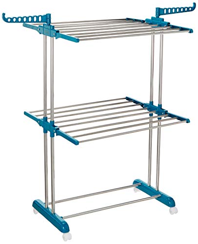 Amazon Brand – Solimo Stainless Steel & Plastic 2 Level Cloth Drying Stand With Wheels, Multicolour