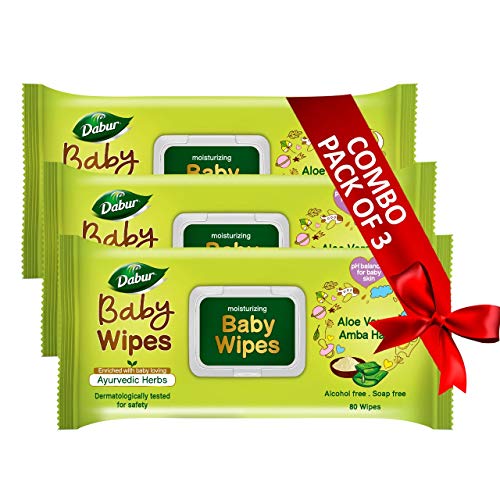 Dabur Baby Wipes: Soft Moisturizing Wet Wipes Enriched With Aloe Vera & Amba Haldi | No Parabens & Phthalates – 80 Wipes X Pack Of 3