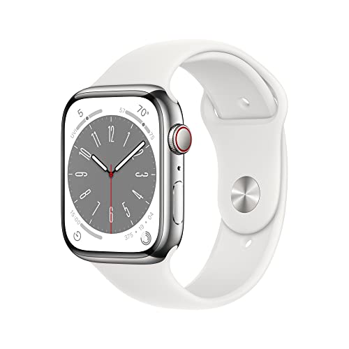 Apple Watch Series 8 [Gps + Cellular 45 Mm] Smart Watch W/Silver Stainless Steel Case With White Sport Band. Fitness Tracker, Blood Oxygen & Ecg Apps, Always- On Retina Display, Water Resistant