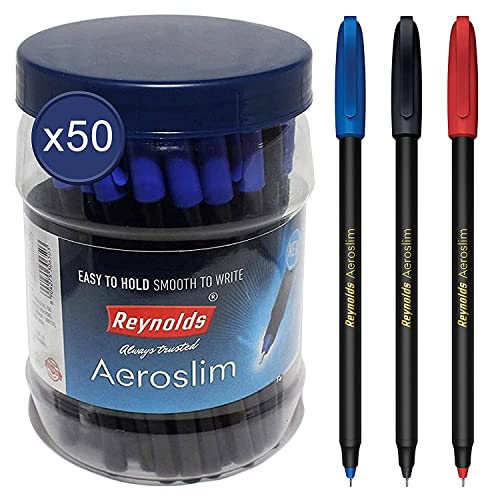 Reynolds Aeroslim 50 Ct Pack – Asst | Ball Point Pen Set With Comfortable Grip | Pens For Writing | School And Office Stationery | Pens For Students | 0.7Mm Tip Size, Blue, Multi