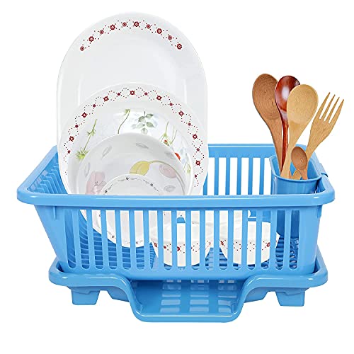 Simparte Plastic Drainer Dish Rack For Kitchen Utensils Organizer, Drying Tray, Dish Drainer Basket (Blue, 45 X 32 X 18 Cm)
