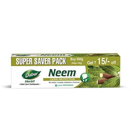 Dabur Herb’L Neem 300G (200G + 100G) – Germ Protection Toothpaste With No Added Fluoride And Parabens