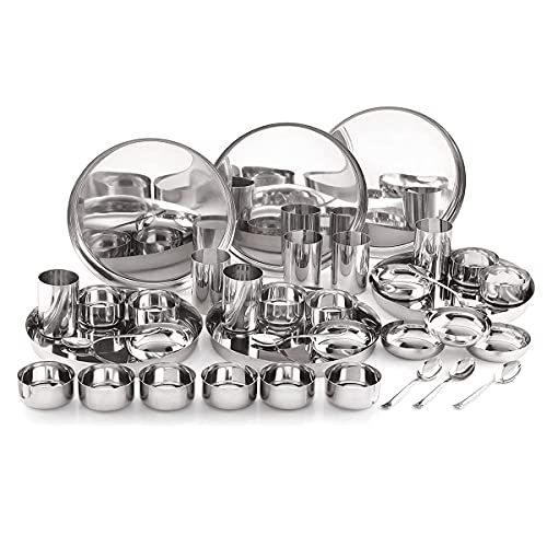 Attro Stainless Steel Bhojan Set Of 6 Thali, 6 Plate, 12 Bowl, 6 Glass, 6 Spoon (Thali Diameter 29 Cm) – Set Of 36, Silver, Standard