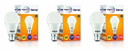 Wipro Garnet 12W Led Bulb For Home & Office |Warm White (2700K) | B22 Base|220 Degree Light Coverage |4Kv Surge Protection |400V High Voltage Protection |Energy Efficient | Pack Of 3