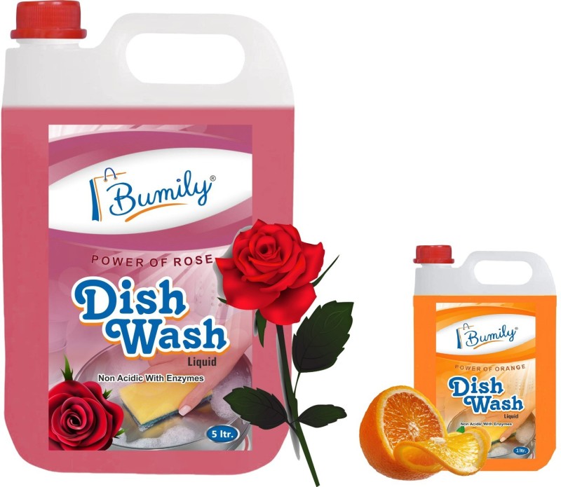 Bumily 5+1 Ltr Liquid Dish Wash Gel Pink Rose + Orange Fragnance (6 Ltr) Dish Cleaning Gel(Rose, 2 X 3 L)