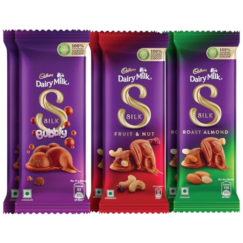 Cadbury Dairy Milk Silk Small Chocolates Combo (2 X Bubbly 50G, 2 X Roast Almond With Whole Nuts 58G And 2 X Fruit And Nut 55G)