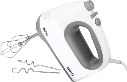 Havells Whisko 300 Watt Hand Mixer With Single Eject Button, 5 Speed Turbo Function, Stainless Steel Hooks, 1.5M Long Cord, 1300 Rpm & 2 Years Warranty (White Grey)