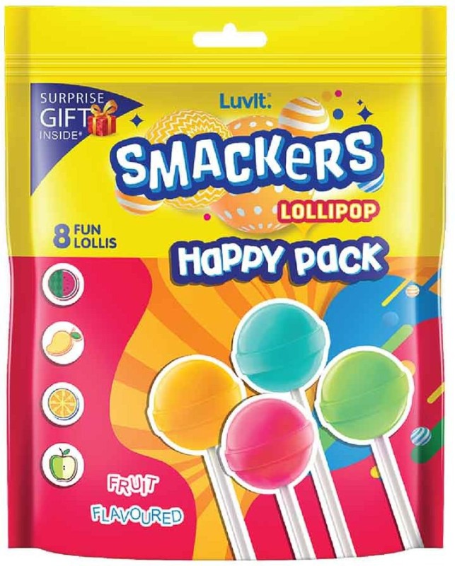 Luvit Smackers Fruit Flavoured Lollipops | 4 Exciting Flavours For Kids | Mango | Watermelon | Green Apple | Blue Lemonade Blue Lemonade, Mango, Green Apple, Watermelon Lollipop(6 X 8 Pieces)