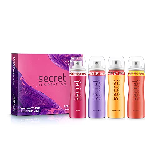 Secret Temptation Travel Pack With Pink, Romance, Mystery, And Passion Deodorant For Women, Pack Of 4 (50Ml Each)|Long Lasting Mini Deodorant|Convenient And Stylish On-The-Go Fragrance Set|Travel Kit