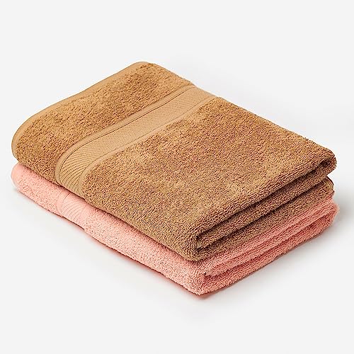 Urbanfix 2 Piece Large Size Bath Towel Set 500 Gsm Soft Cotton Towels Lighter Weight Super Absorbent Perfect Bathroom For Daily Use Travel Gym Spa Rain 68 Cms X 137 Cms (Coral And Beige)