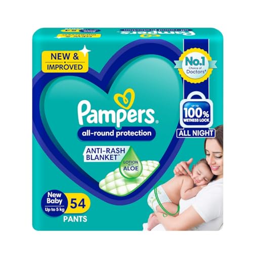 Pampers All Round Protection Pants, New Born/Extra Small (Nb/Xs) Size, 54 Count, Pant Style Baby Diapers, Anti Rash Blanket, Lotion With Aloe Vera, Up To 5Kg Diapers