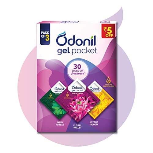 Odonil Gel Pocket Mix – 30G (Assorted Pack Of 3 New Fragrances) | Infused With Essential Oils | Germ Protection | Lasts Up To 30 Days | Air Freshener For Bathroom And Toilet
