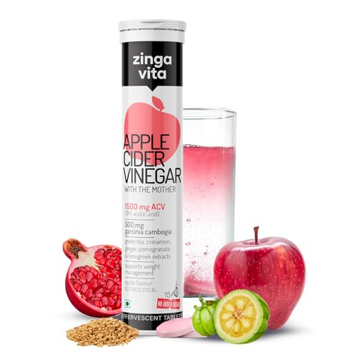 Zingavita 3X Effective Apple Cider Vinegar 1500Mg Effervescent Tablet For Weight Management | With Garcinia, Green Tea, Fenugreek, Cinnamon, Vitamin C, B12 & B6 | 100% Vegan | No Added Sugar – 15 Tablets