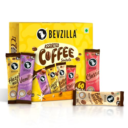 Bevzilla 60 Instant Coffee Powder Sachets(4 Flavours) – 120 Grams | Turkish Hazelnut, Colombian Gold, French Vanilla & English Butterscotch | 15 Sachets Each Flavour| Makes 60 Cups| 100 % Arabica Coffee| Strong Coffee