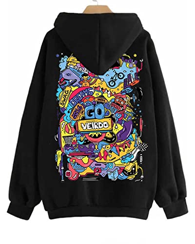Veirdo Cotton Fleece Regular Fit Hooded Sweatshirt Full Sleeves Doodle Graphic Printed Jumper Sweatshirt For Men/Boys Black