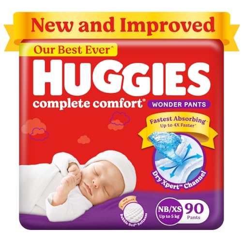 Huggies Complete Comfort Wonder Pants Newborn / Extra Small (Nb/Xs) Size (Up To 5 Kg) Baby Diaper Pants, 90 Count, India’S Fastest Absorbing Diaper With Upto 4X Faster Absorption, Unique Dry Xpert Channel