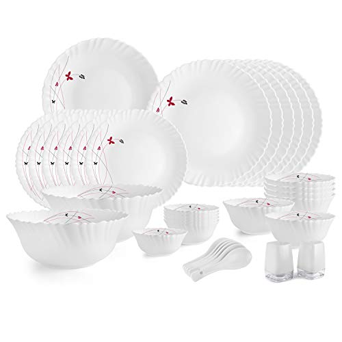 Cello Opalware Dazzle Series Lush Fiesta Dinner Set, 35 Units | Opal Glass Dinner Set For 6 | Light-Weight, Daily Use Crockery Set For Dining | White Plate And Bowl Set