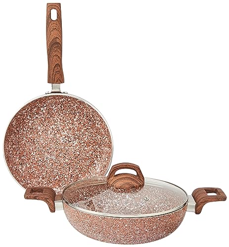 Amazon Basics 2-Piece Non-Stick Cookware Set, Granite Finish, Induction Base (1 Fry Pan – 24 Cm, 1 Deep Kadai With Glass Lid – 24 Cm; Rust Granito)