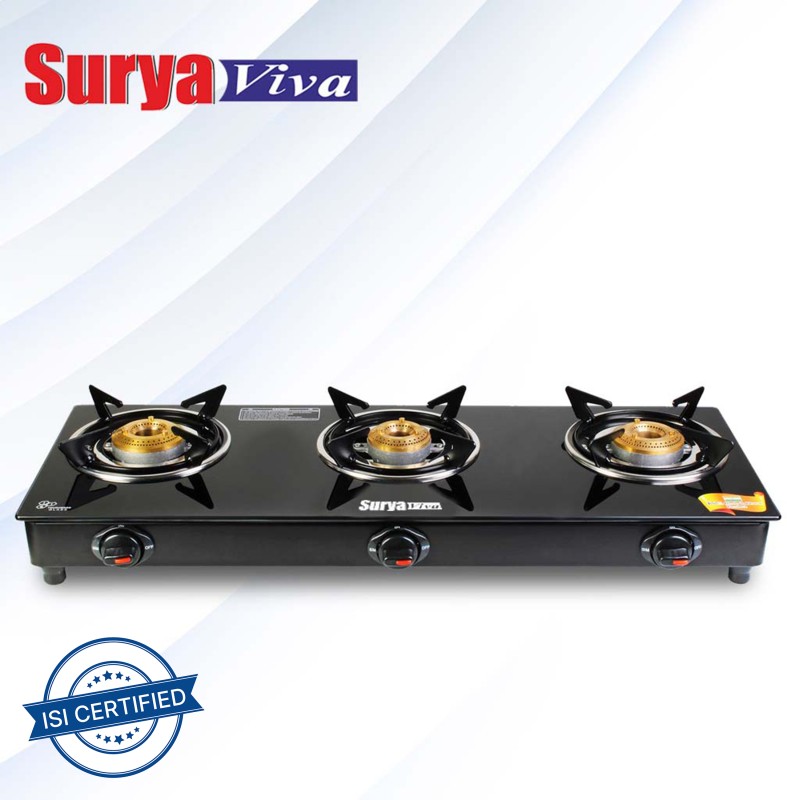 Suryaviva 3B Photon Bk Toughened 3 Cast Iron (Manual,Black) Glass Manual Gas Stove(3 Burners)