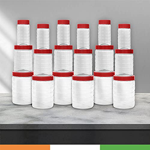 Duraware Pet Plastic Bottles/Grocery Jars | Stackable & Transparent | Pack Of 18  Red