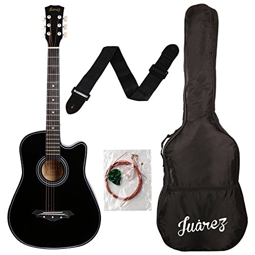 Juârez Acoustic Guitar, 38 Inch Cutaway, 038C With Bag, Strings, Pick And Strap, Black