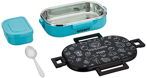 Amazon Brand – Solimo Stainless Steel Lunch Box With Spoon And Side Container, 800 Ml, Blue