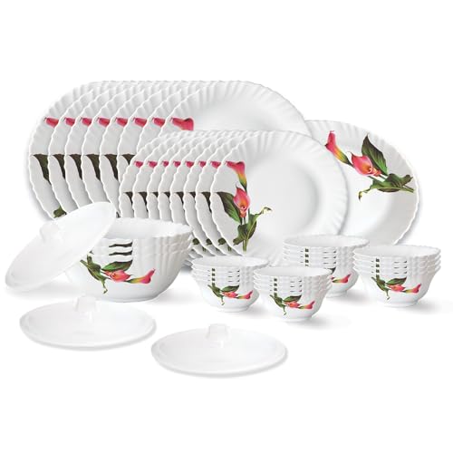 Larah By Borosil Stargazer Fluted Series Opalware Dinner Set | 36 Pieces For Family Of 8 | Microwave & Dishwasher Safe | Bone-Ash Free | Crockery Set For Dining & Gifting | Plates & Bowls | White