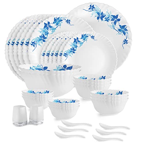 Cello Opalware Dazzle Series Blue Swirl Dinner Set, 35 Units | Opal Glass Dinner Set For 6 | Light-Weight, Daily Use Crockery Set For Dining | White Plate And Bowl Set