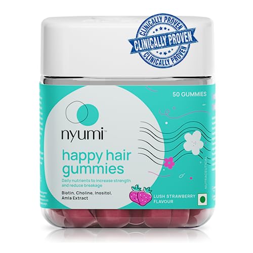 Nyumi Biotin Happy Hair Gummies | For Stronger, Shinier Hair & Nails | Reduces Hair Fall With High Potency Biotin, Amla, Zinc, Folic Acid, Vitamin C, E & B12 | 30 Days Pack | Pack Of 50 Gummies